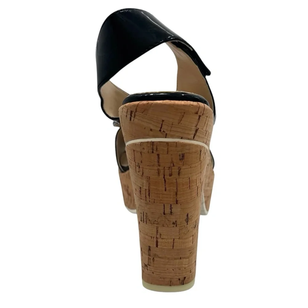 CALVIN KLEIN TAMRA BLACK PATENT & CORK PLATFORM HEELED SANDALS